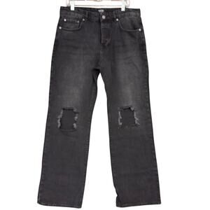 Boohoo Man Mens Jeans Black Denim Wide Straight Knee Cutout Button Fly 36